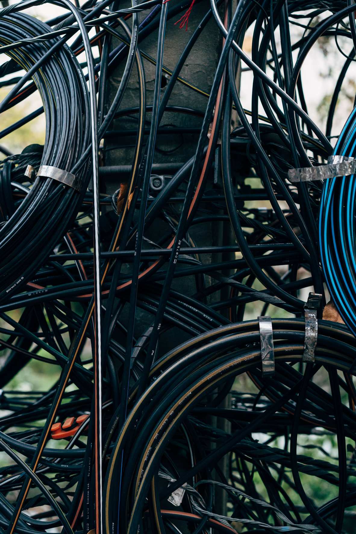 Tangled electrical cables outdoors